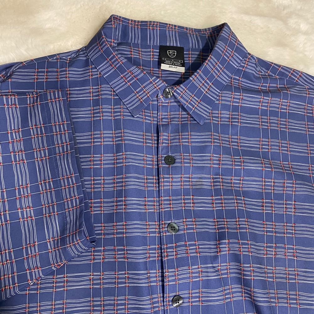 Nike Golf Dri-FIT Short Sleeve Blue Red Plaid Button Up‎ Shirt Mens Large